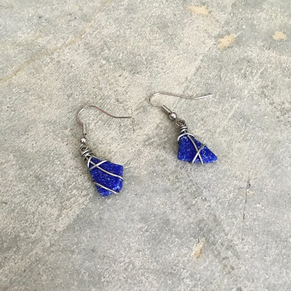 Silver Wire Wrapped Blue Tile Asymmetric Earrings - Picture 9 of 9